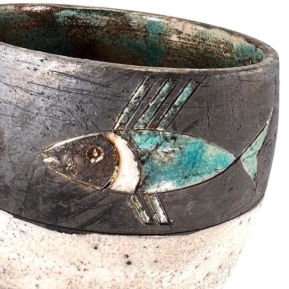 Raku Pottery Fish Vase Teal Black Glazed Textured Iridescent Artistic Signed - Picture 2 of 12